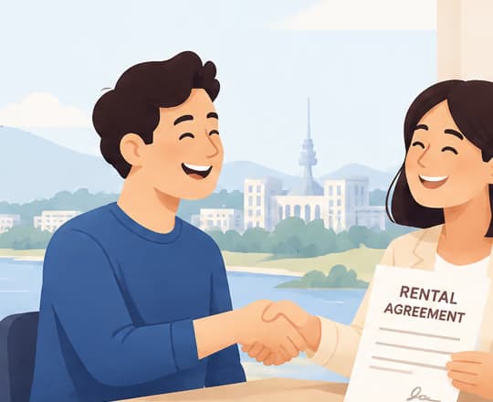 A tenant and a property manager shaking hands after signing a rental agreement, with the Canberra skyline in the background.